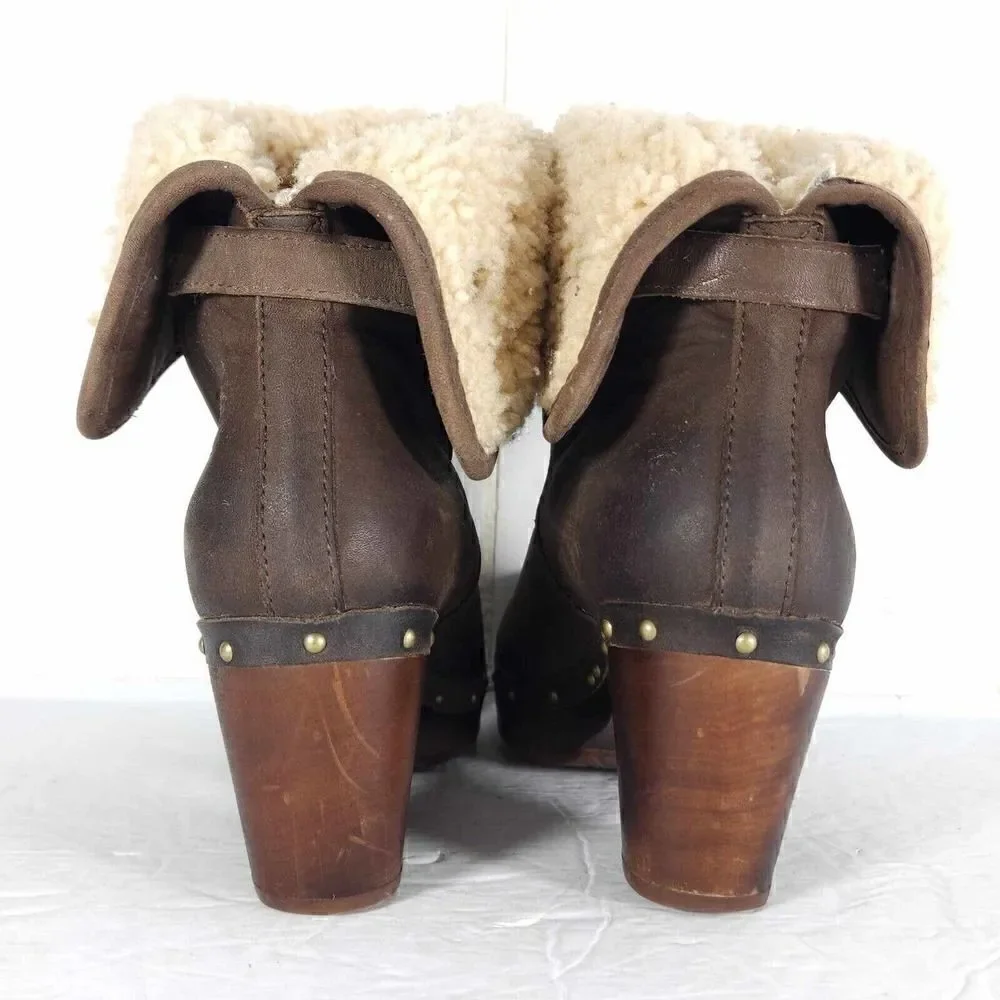 UGG Women's Lynnea US 7 Fold Over Leather Brown Shearling Cuff Clog Boot
